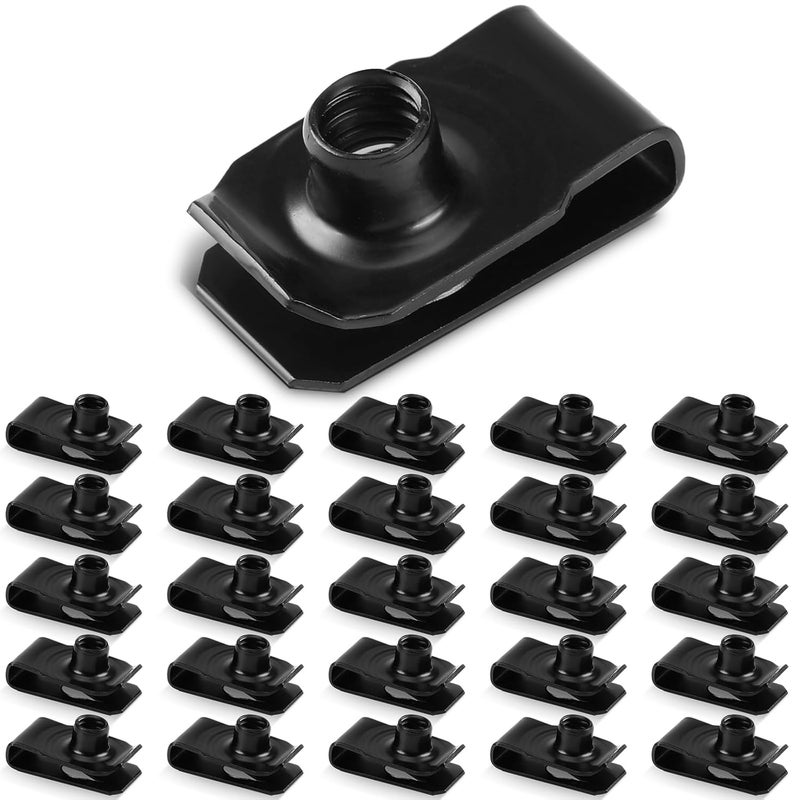Yaocom 25 Pcs Extruded U Type Nuts Bumper Fender U Style Clip on Nut Extruded U Style Spring Nuts Black Fasteners for Automotive Metal Fender Grill Retainer Clips(1/4''-20) - Image 1